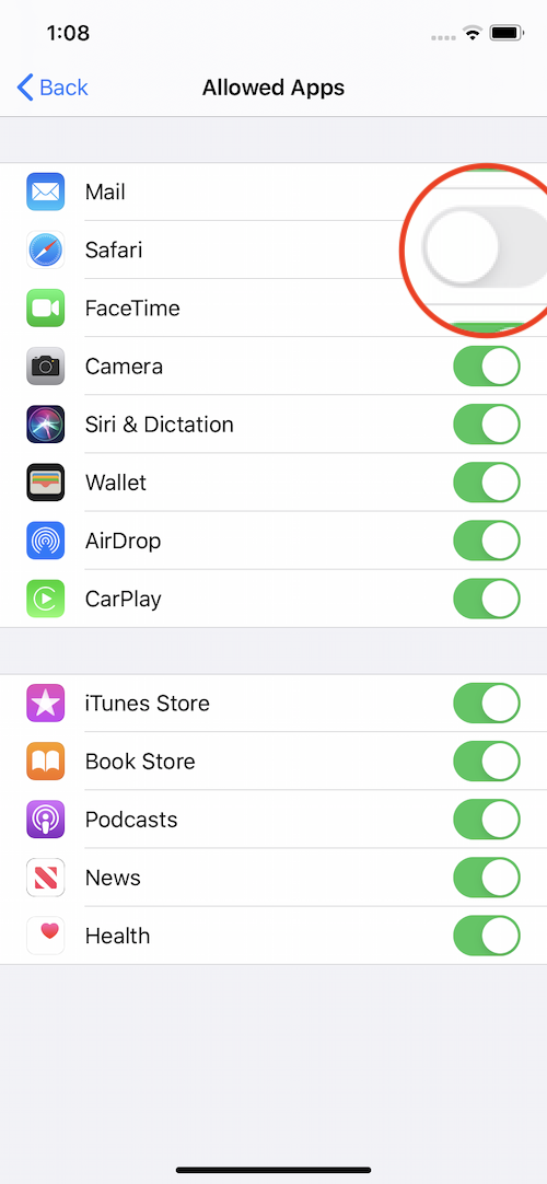 iphone safari browser disable