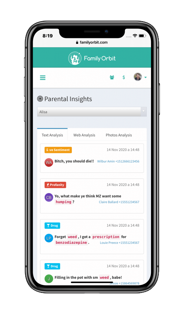 Family Orbit can detect cyberbullying and sexting.