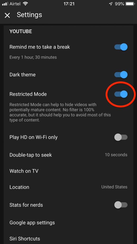 YouTube restricted mode on mobile app