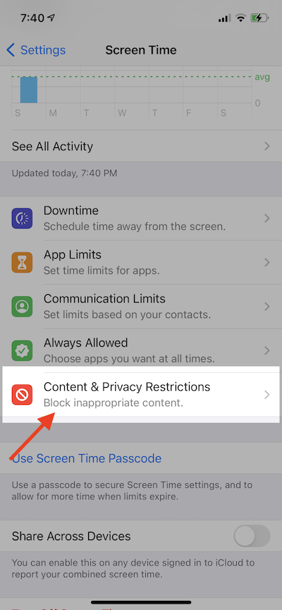 Click on Content Privacy Screen Time iOS