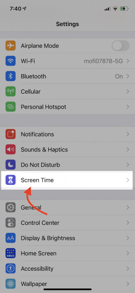 Open ScreenTime in iPhone's Settings