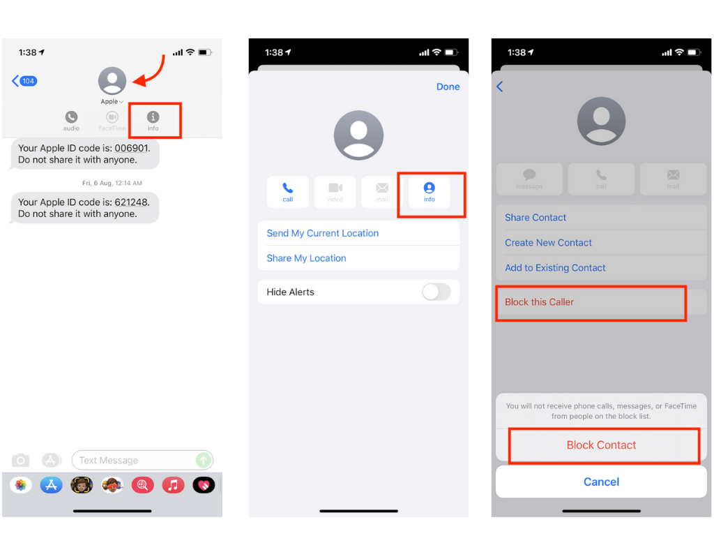 Block text messages on iPhone step by step screenshots