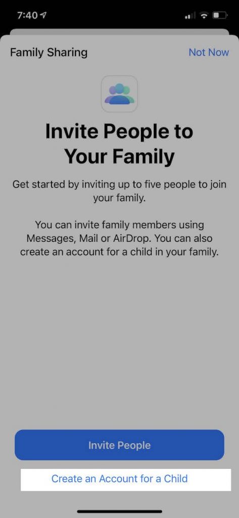 Create an Account for a Child Option