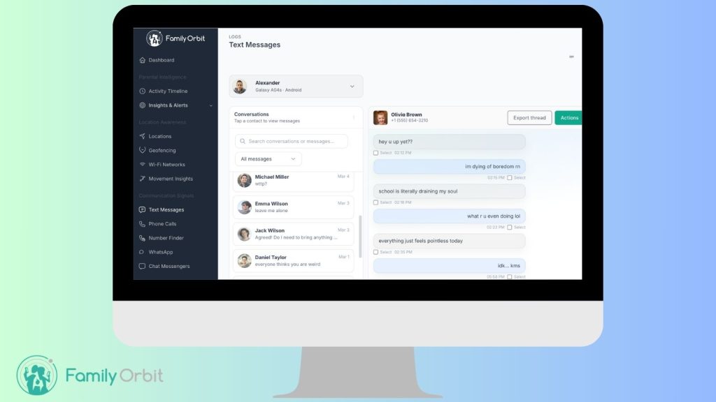 Sent and received text message history in the Family Orbit parent dashboard